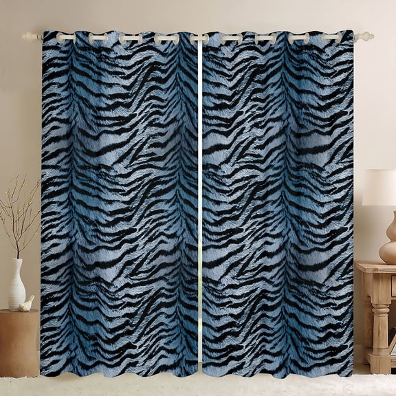 Homewish Boys Girls Zebra Print Blackout Curtains Set of 2 (52x84 Each),Abstract Geometric Stripes Window Curtains,Black Blue Curtains and Drapes,Ultra Soft Home Decor