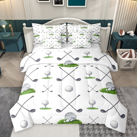 Homewish Boys Golf Sports Twin Bedding Sets 7-Piece for Kids, Abstract Stripes Bedding Comforter Set, White Green Cartoon Reversible Sheet Sets, Luxury Bedroom Decor
