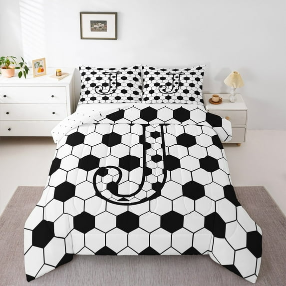 Homewish Boys Honeycomb Abstract Full Size Comforter Sets, Monogrammed J Bedding Comforter Set, Black White Initial Letter Reversible Bedding Sets, Microfiber Bedroom Decor, 3-Piece