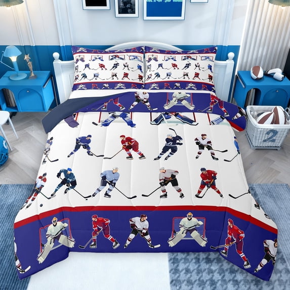 Homewish Boys Ice Hockey Print Bedding Comforter Set 2pcs,Sport Theme Twin Comforter Sets Microfiber,Ball Gamer Breathable Bedding Set,Super Cozy Room Decor,Reversible