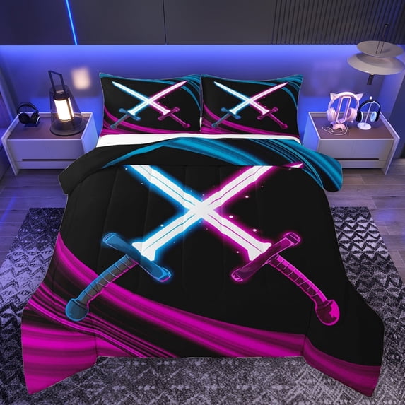 Homewish Boys Lightsaber Bedding Comforter Set, Fuchsia Blue Lines Twin Comforter Sets, Vintage Gaming Theme Reversible Bedding Set, Breathable Home Decor, 2pcs