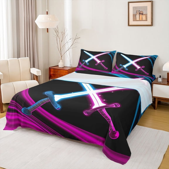 Homewish Boys Lightsaber Queen Sheet Sets, Fuchsia Blue Lines Flat Sheet, Vintage Gaming Theme Queen Fitted Sheet, Breathable Home Decor, 4pcs