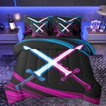 Homewish Boys Lightsaber Twin Bedding Sets 7-Piece, Fuchsia Blue Lines Bedding Comforter Set, Vintage Gaming Theme Reversible Sheet Sets, Breathable Home Decor