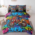 thumbnail image 1 of Homewish Boys Motercycle Lover Bedding Comforter Set 7pcs, Cartoon Dirt Bike Lover Queen Bedding Sets, Street Graffiti Artwork Reversible Queen Sheet Sets, Ultra Soft Bedroom Decor, 1 of 7