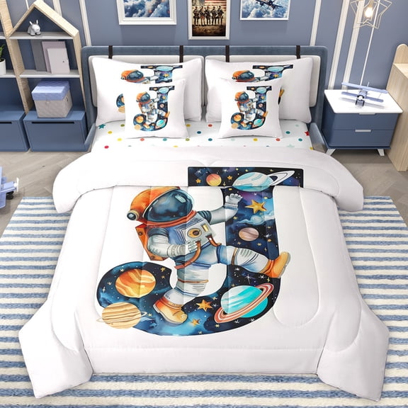 Homewish Boys Personalized Gifts 7-Piece Bedding Comforter Set,Pink Letter J King Bedding Sets,Cartoon Planet Astronaut Bed Sheets For Boys Kids,Lightweight Room Decoration Reversible