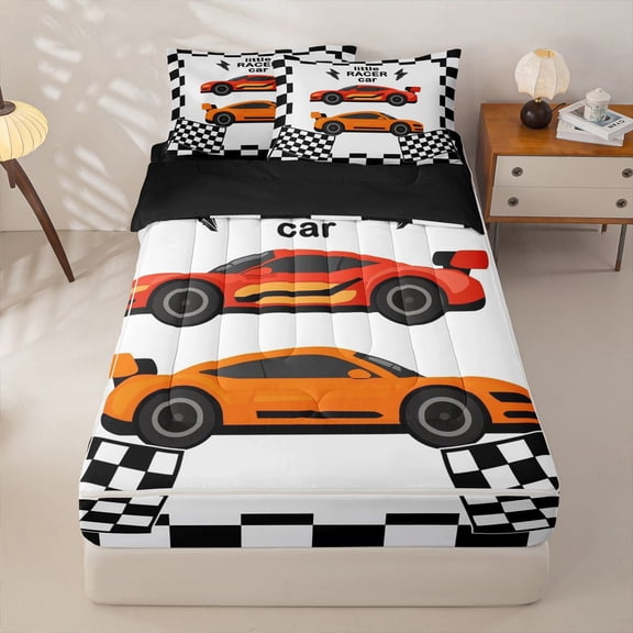 Homewish Boys Racing Car Zipper Twin Comforter Sets with Fitted Sheet and 2 Pillowcases,Extreme Sports Zipper Bedding Set,Black Reversible,4 Pieces