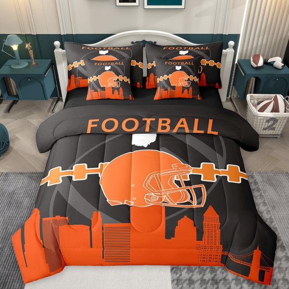 Homewish Boys Rugby Sports Bedding Comforter Set 7pcs, Cartoon Orange Football Helmet King Bedding Sets, Eat Sleep Soccer Reversible Bed Sheets, Breathable Home Decor