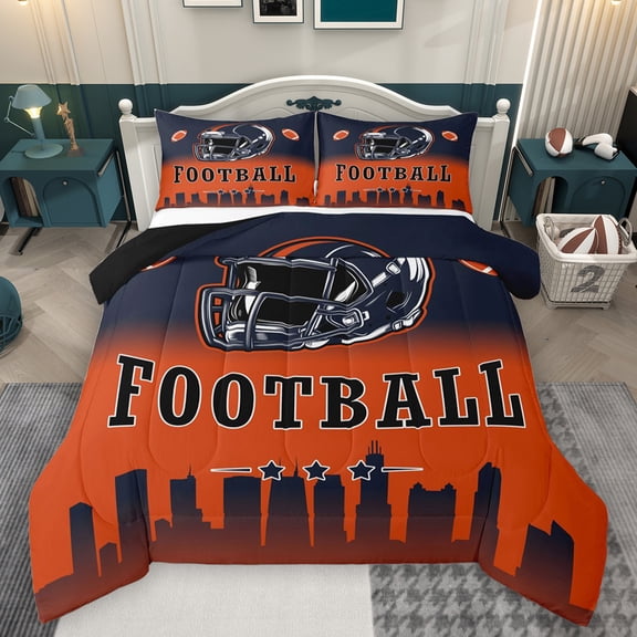 Homewish Boys Soccer Rugby Queen Comforter Set, Black Orange Stripes Abstract Bedding Sets, Cartoon Sports Theme Reversible Bedding Comforter Set, Ultra Soft Bedroom Decor, 3pcs