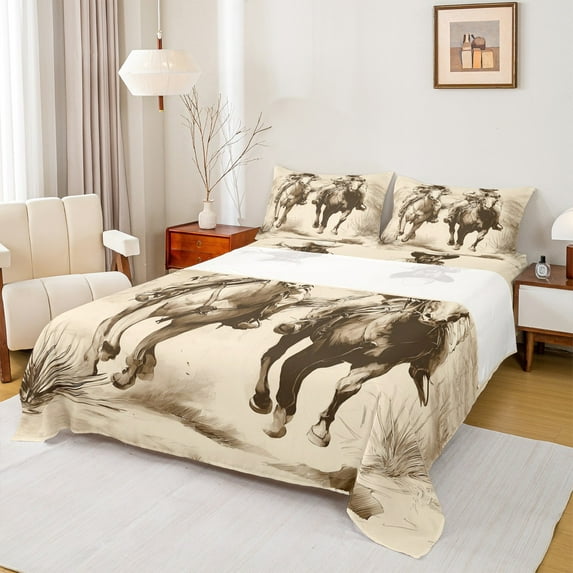 Homewish Boys Southwestern Cowboy Full Size Sheets 4-Piece,Retro Vintage Breathable Bed Sheets,Western Theme Lightweight Sheet Sets,Ultra Soft Home Decor