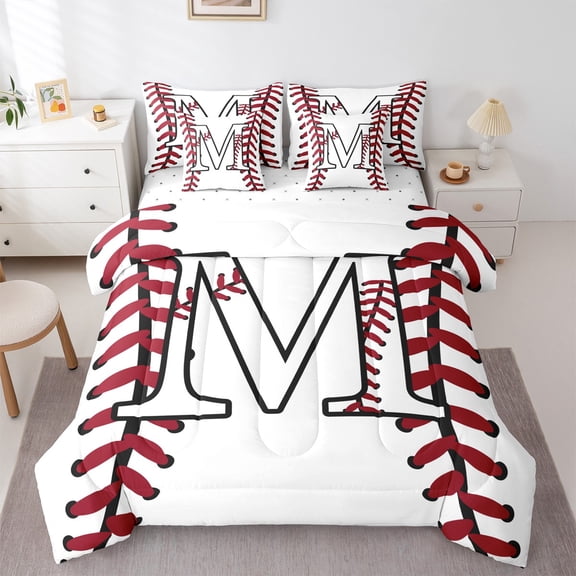 Homewish Boys Sport Baseball Bedding Comforter Set 7 Pieces, Initial M Letter Full Bedding Set, Chic Stripes Abstract Reversible Fitted Sheet Flat Sheet, Luxury Bedroom Decor