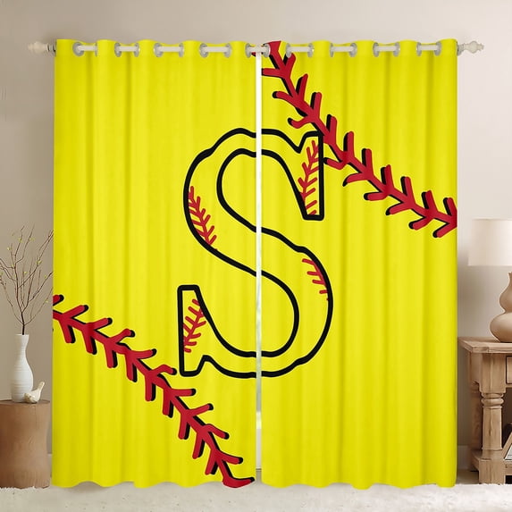 Homewish Boys Sport Baseball Black Out Curtains, Yellow Initial S Letter Curtains Pack of 2 (42x63 Each), Chic Stripes Abstract Bedroom Curtains, Curtains Blackout Home Decor