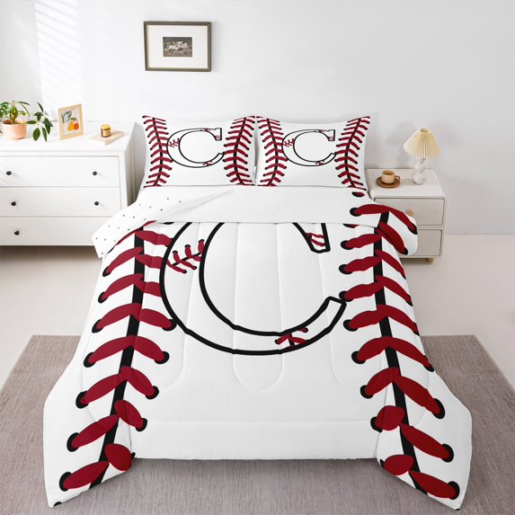 Homewish Boys Sport Baseball Full Size Comforter Sets, Initial C Letter Bedding Comforter Set, Chic Stripes Abstract Reversible Bedding Sets, Breathable Home Decor, 3 Pieces