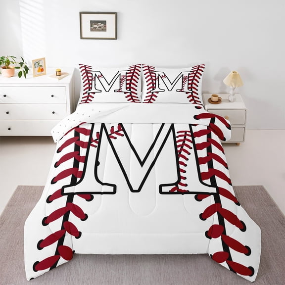 Homewish Boys Sport Baseball Queen Comforter Set, Initial M Letter Bedding Sets, Chic Stripes Abstract Reversible Bedding Comforter Set, Luxury Bedroom Decor, 3 Pieces