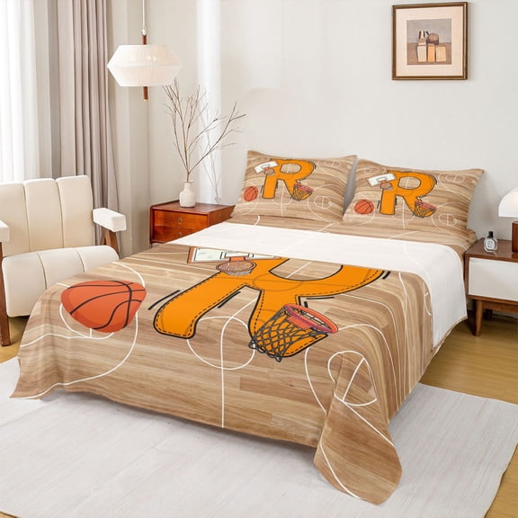 Homewish Boys Sport Basketball Bed Sheets, Initial R Letter King Sheets, Chic Stripes Abstract Sheet Set, Microfiber Bedroom Decor, 4 Pieces
