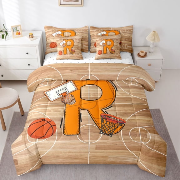 Homewish Boys Sport Basketball Bedding Comforter Set 7-Piece, Initial R Letter King Bedding Sets, Chic Stripes Abstract Reversible Bed Sheets, Microfiber Bedroom Decor