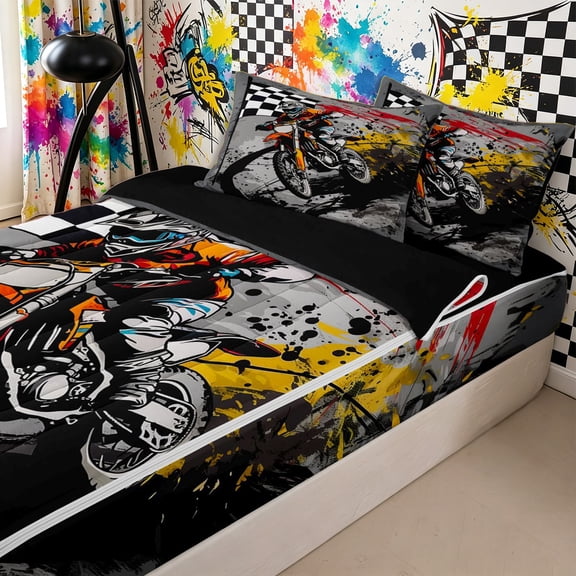 Homewish Boys Sport Dirt Bike Zipper Twin Comforter Sets with Fitted Sheet and 2 Pillowcases,Graffiti Splash Zipper Bedding Set,4-Piece,Black Reversible