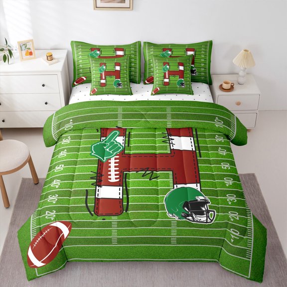 Homewish Boys Sport Rugby Bedding Comforter Set 7-Piece, Brown Initial H Letter King Bedding Sets, Chic Stripes Abstract Reversible Bed Sheets, Lightweight Room Decor