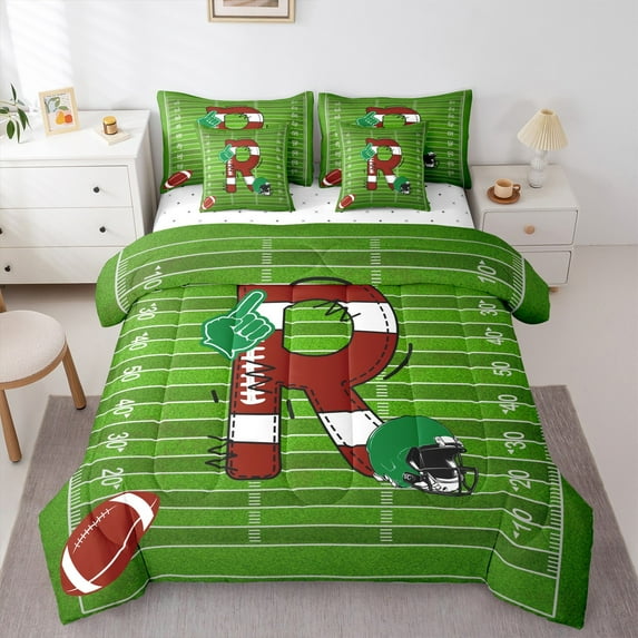 Homewish Boys Sport Rugby Bedding Comforter Set 7pcs, Brown Initial R Letter Queen Bedding Sets, Chic Stripes Abstract Reversible Queen Sheet Sets, Ultra Soft Bedroom Decor
