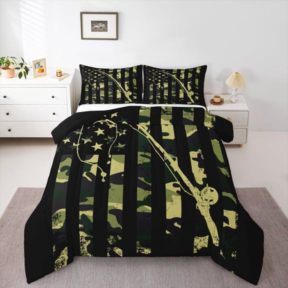 Homewish Boys USA Flag 2pcs Bedding Comforter Set,Abstract Retro Twin Comforter Sets,Black Green Breathable Bedding Set,Ultra Soft Home Decor,Reversible