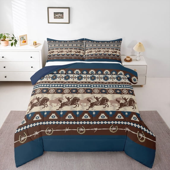 Homewish Boys Western Cowboy 3 Pieces Queen Comforter Set,Tribal Aztec Ultra Soft Bedding Sets,Rustic Farmhouse Bedding Comforter Set,Microfiber Bedroom Decor,Reversible