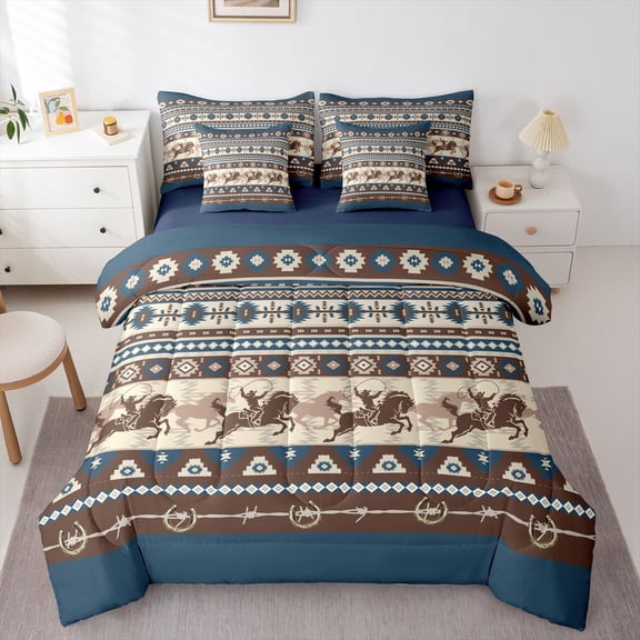 Homewish Boys Western Cowboy 7-Piece Bedding Comforter Set,Tribal Aztec King Bedding Sets,Rustic Farmhouse Ultra Soft Bed Sheets,Microfiber Bedroom Decor,Reversible