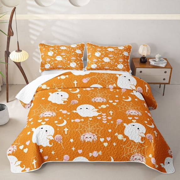 Homewish Bright Fall Halloween Ghost Bed Spread Queen,Spider Web Queen Coverlet Set,Orange,3pcs
