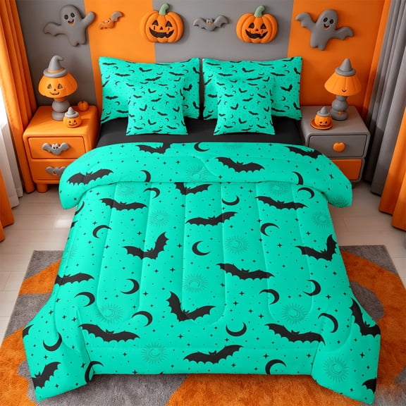 Homewish Bright Halloween Bat 7-Piece Twin Bedding,Celestial Moon Pattern Bedding Comforter Set,Mint Green Black,Black Reversible