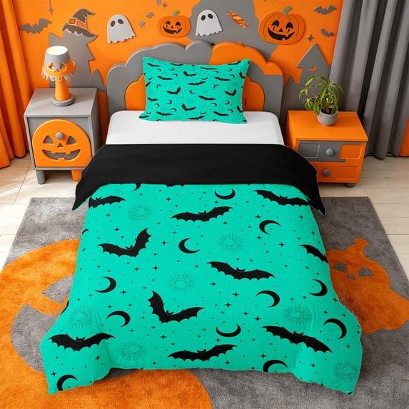 Homewish Bright Halloween Bat Twin Duvet Cover,Celestial Moon Pattern Twin Bedding,Mint Green Black,Black Reversible,2-Piece,1 Duvet Cover and 1 Pillowcase