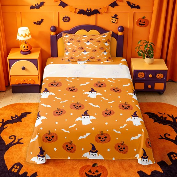 Homewish Bright Halloween Witch Ghost Twin Sheets,Pumpkin Stars Bat Pattern Bedding,Orange Black,3pcs,1 Fitted Sheet and 1 Pillowcase
