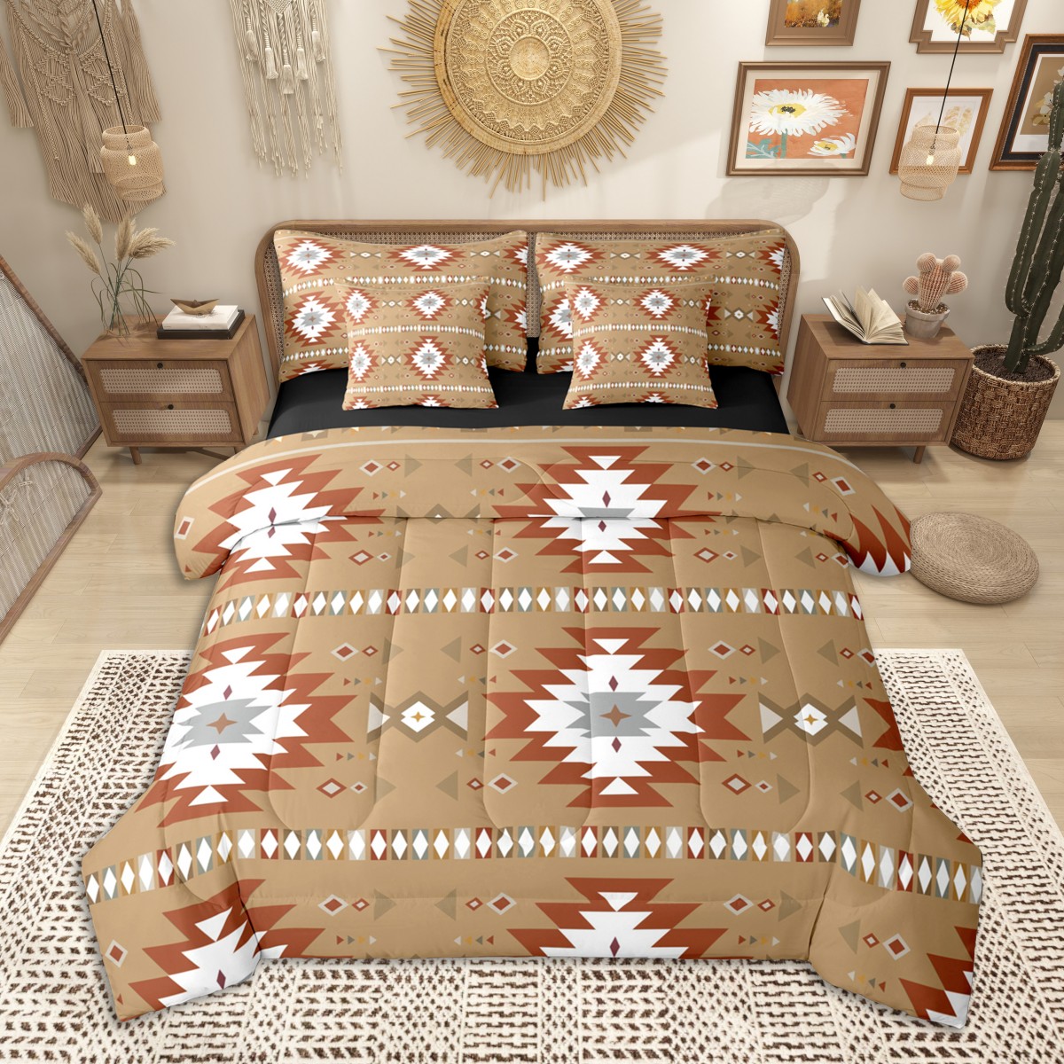Homewish Brown Aztec Bedding Comforter Set 7 Pieces, Bohemian Geometric ...