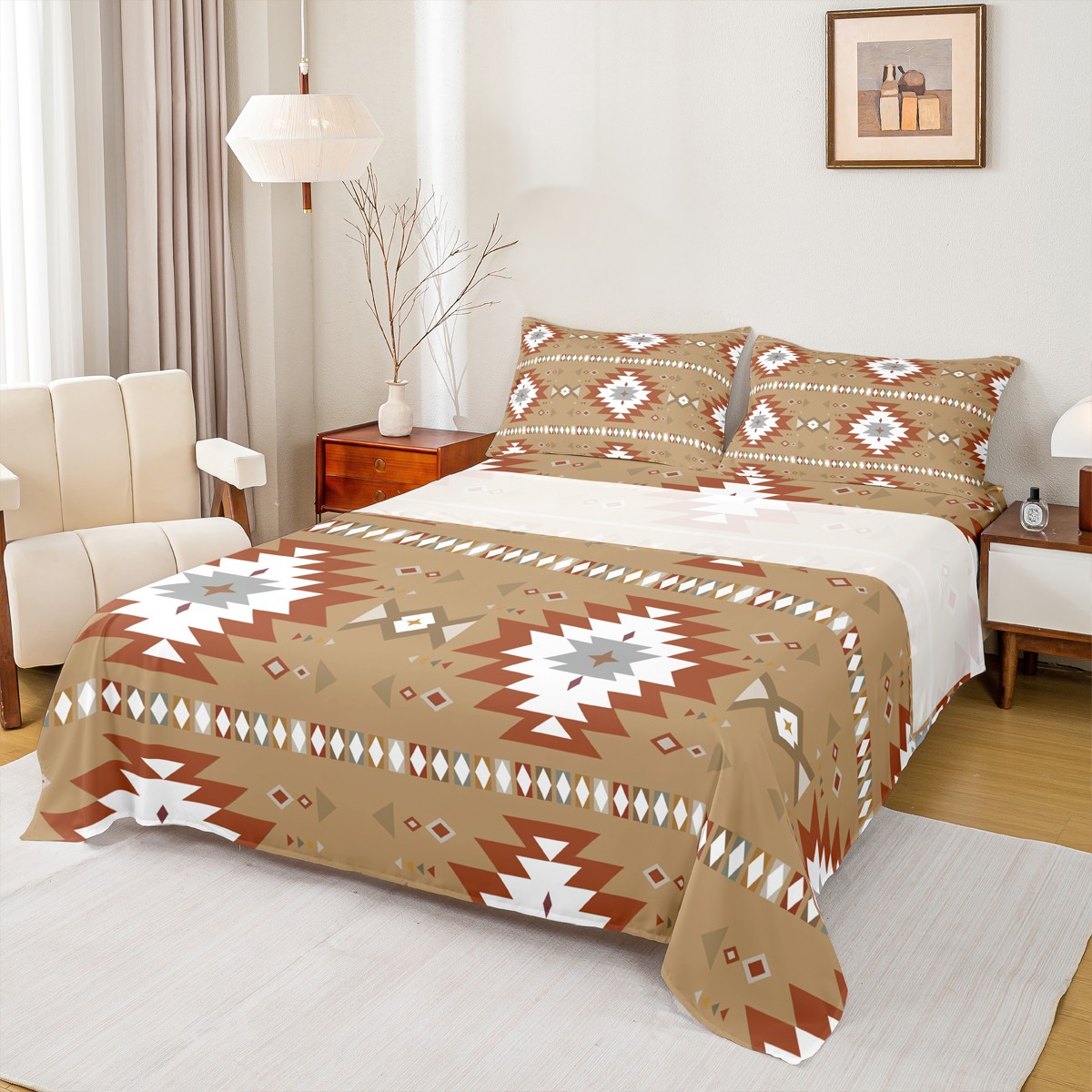 Homewish Brown Aztec Full Size Sheets 4 Pieces, Bohemian Geometric Bed ...