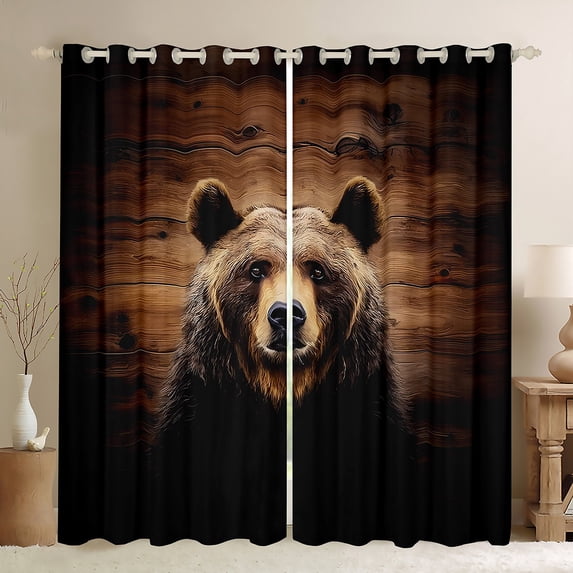 Homewish Brown Bear Blackout Curtains Set of 2 (52x84 Each) For Teens Boys Girls,Jungle Animal Wildlife Window Curtains,Retro Vintage Cabin Curtains and Drapes,Breathable Home Decor