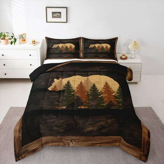 Homewish Brown Bear Print Full Size Comforter Sets, Rustic Farmhouse Bedding Comforter Set, Teens Kids Adult Men Reversible Bedding Sets, Microfiber Bedroom Decor, 3pcs