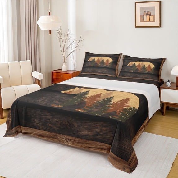 Homewish Brown Bear Print Full Size Sheets, Rustic Farmhouse Bed Sheets, Teens Kids Adult Men Sheet Sets, Microfiber Bedroom Decor, 4pcs