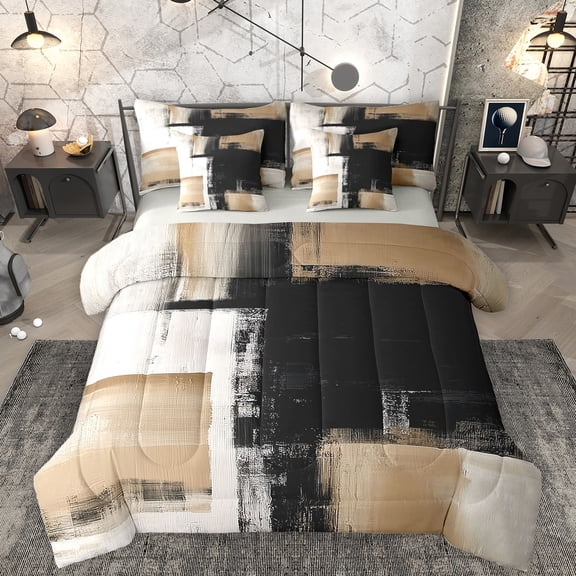 Homewish Brown Black 7 Pieces Bedding Comforter Set,Modern Graffiti Full Bedding Set,Abstract Stripes Lines Fitted Sheet Flat Sheet For Teens,Microfiber Bedroom Decor Reversible