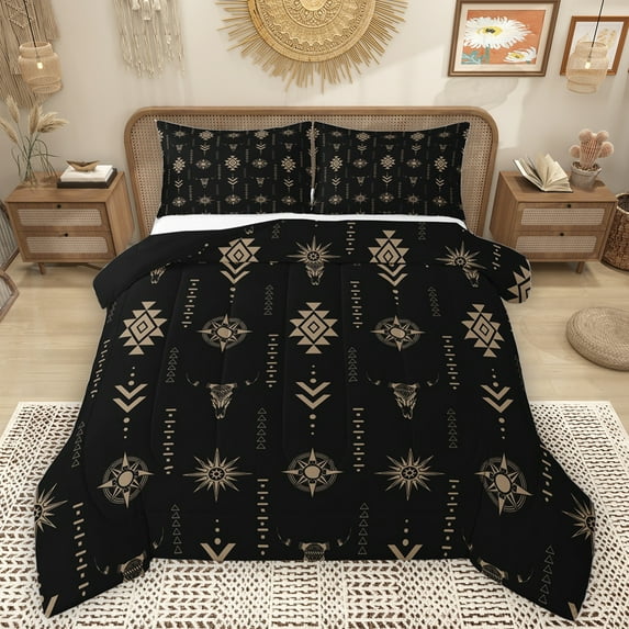 Homewish Brown Black Bedding Comforter Set,Bull Skull Twin Comforter Sets,Rustic Boho Tribal Bedding Set For Adults,Super Cozy Room Decor Reversible,2pcs