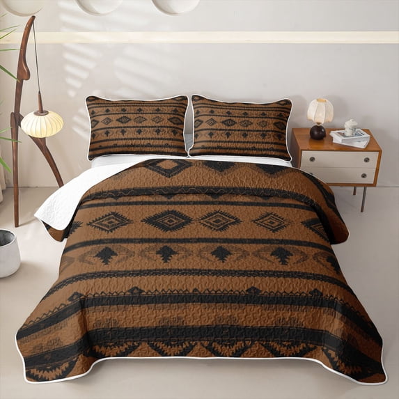 Homewish Brown Black Boho Quilt Full,Minimalist Western Tribal Full Bedspread Sets,3 Pieces