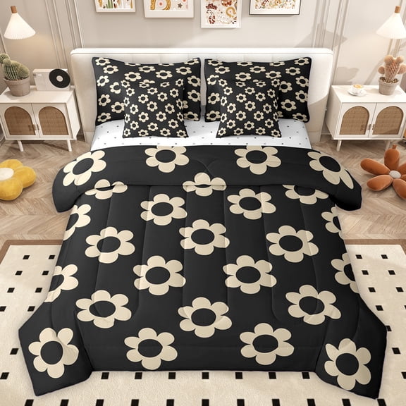 Homewish Brown Black Floral 7-Piece Twin Bedding Sets,Cartoon Blossom Bedding Comforter Set,Cute Flower Sheet Sets For Girls Kids,Ultra Soft Home Decor Reversible