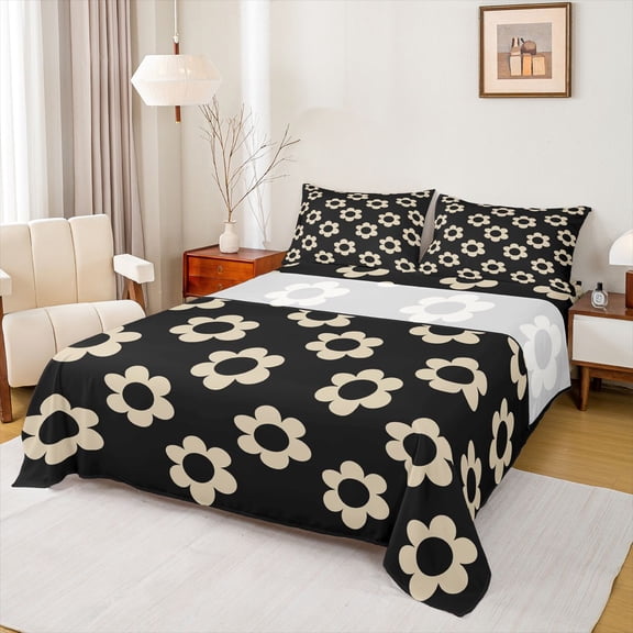 Homewish Brown Black Floral Twin Sheet Sets,Cartoon Blossom Twin Fitted Sheet,Cute Flower Flat Sheet For Girls Kids,Ultra Soft Home Decor,3pcs
