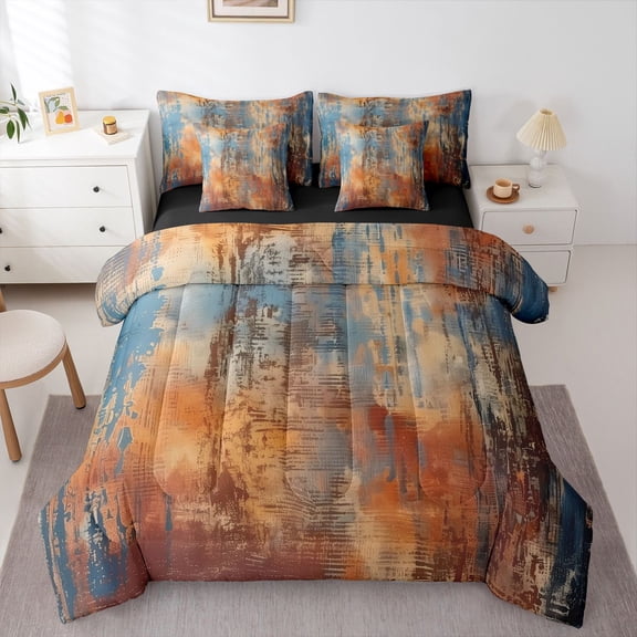 Homewish Brown Blue Tie Dye 7 Pieces Full Size Bedding Sets,Retro Abstract Artwork Full Size Bed in a Bag,Black Reversible
