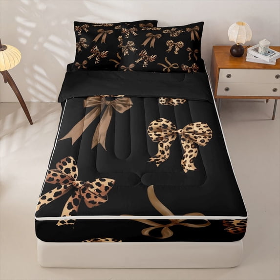 Homewish Brown Bow Tie Zipper Full Size Comforter Sets with Fitted Sheet and 2 Pillowcases For Princess Girls,Dreamy Ribbon Zipper Bedding Set,Black Reversible,4 Pieces