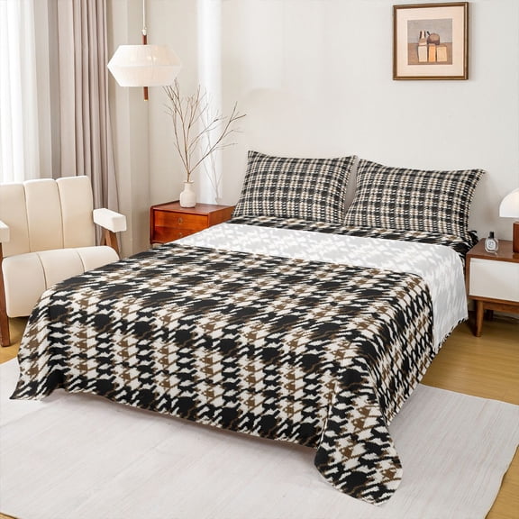 Homewish Brown Buffalo Plaid Full Size Sheets for Men, Vintage Fashion Abstract Bed Sheets, Square Checkered Sheet Sets, Lightweight Room Decor, 4-Piece