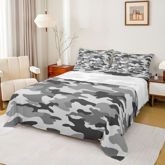 Homewish Brown Camouflage 3pcs Twin Sheet Sets For Teens Adults Boys,Abstract Geometric Twin Fitted Sheet,Geometric Camo Breathable Flat Sheet,Super Cozy Room Decor