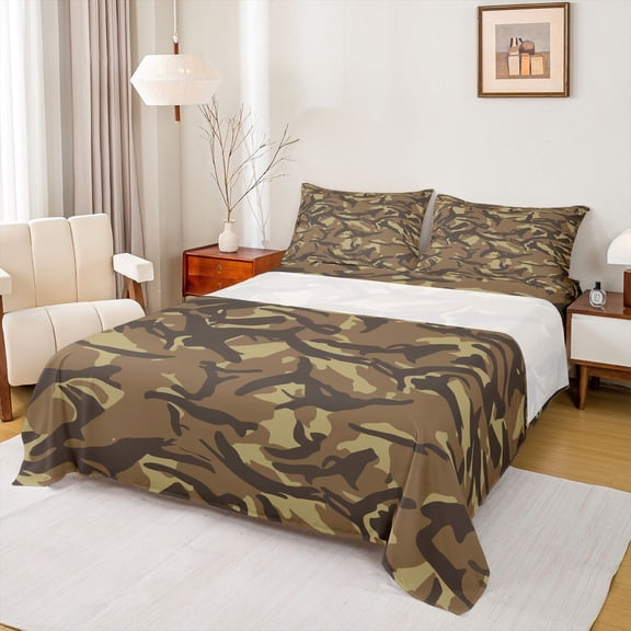 Homewish Brown Camouflage 4-Piece Full Size Sheets For Teens Adults Boys,Abstract Geometric Bed Sheets,Geometric Camo Lightweight Sheet Sets,Super Cozy Room Decor