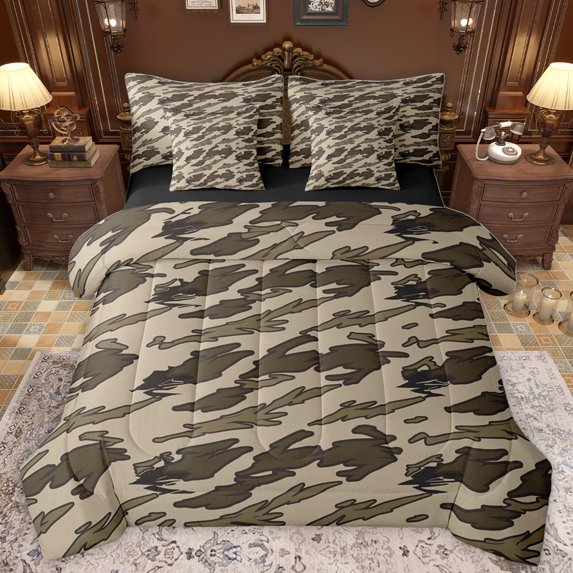 Homewish Brown Camouflage 7-Piece Bedding Comforter Set,Retro Rustic Camo King Bedding Sets,Country Farmhouse Lodge Bed Sheets For Kids,Breathable Home Decor Reversible