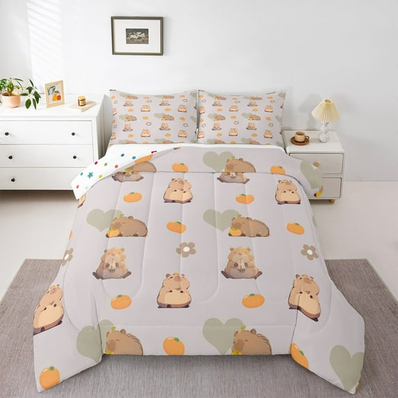 Homewish Brown Capybara 3 Pieces Queen Comforter Set For Kids Boys Girls,Kawaii Animal Ultra Soft Bedding Sets,Love Heart Flowers Bedding Comforter Set,Lightweight Room Decor,Reversible