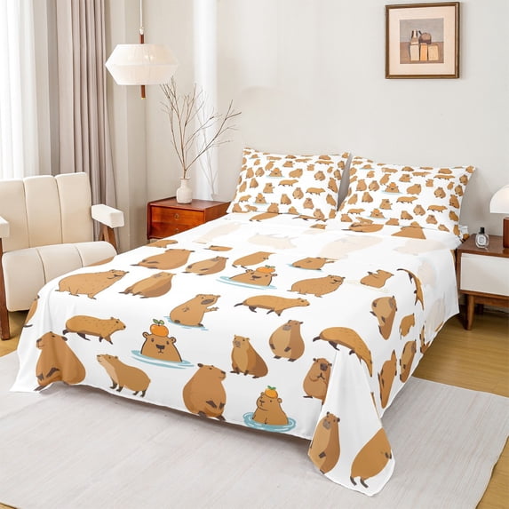 Homewish Brown Capybara 4 Pieces Queen Sheet Sets For Kids Boys Girls,Kawaii Animal Ultra Soft Flat Sheet,Cartoon Wildlife Queen Fitted Sheet,Lightweight Room Decor
