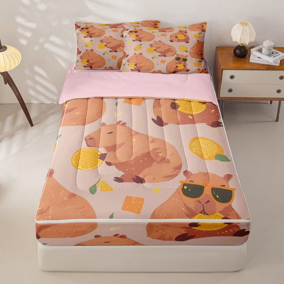 Homewish Brown Capybara Zipper Full Size Comforter Sets with Fitted Sheet and 2 Pillowcases For Kids,Cute Animals Zipper Bedding Set For Capybara Lovers,Reversible,4-Piece