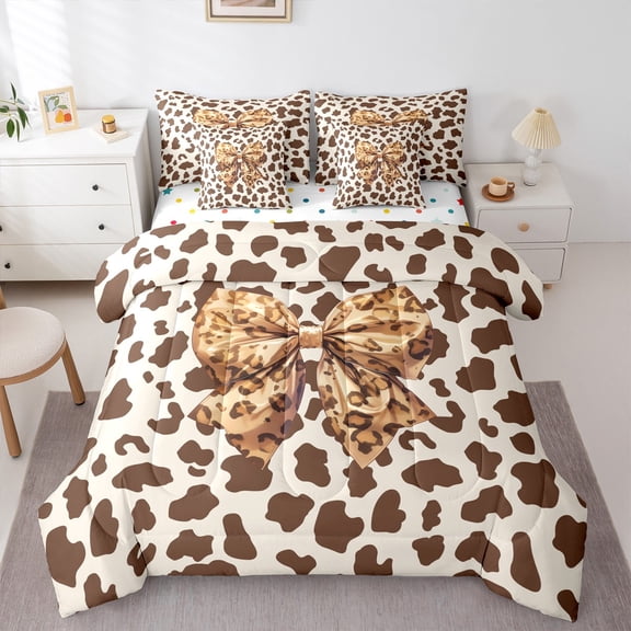 Homewish Brown Cartoon Bowknot Bedding Comforter Set 7-Piece for Kids, Princess Ribbon Style King Bedding Sets, Modern Cheetah Print Reversible Bed Sheets, Super Cozy Room Decor