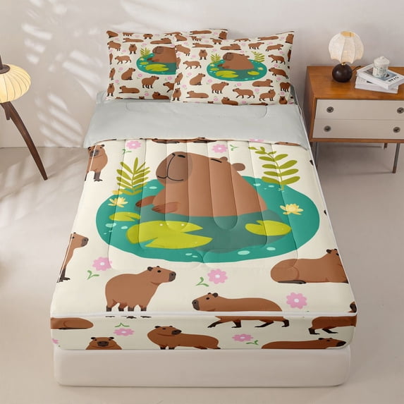 Homewish Brown Cartoon Capybara Zipper Full Size Comforter Sets with Fitted Sheet and 2 Pillowcases, Kid Girl Boy Zipper Bedding Set, Gray Reversible, 4-Piece